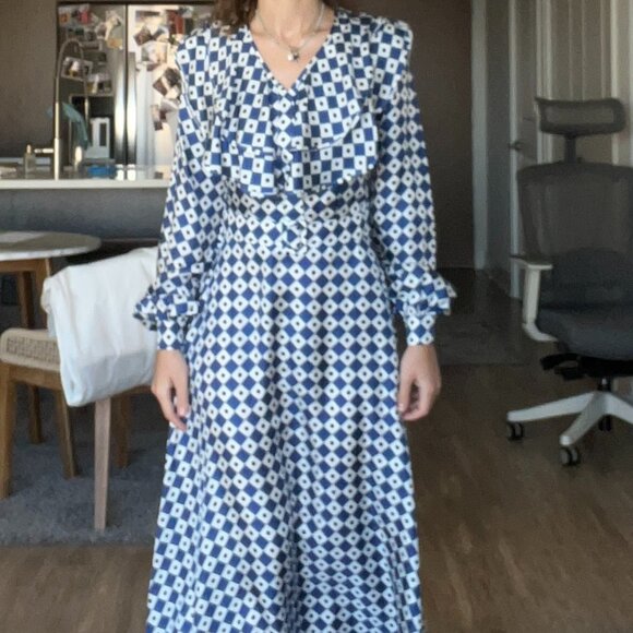 Blue Brown Diamond Print Silk Dress - Picture 4 of 5